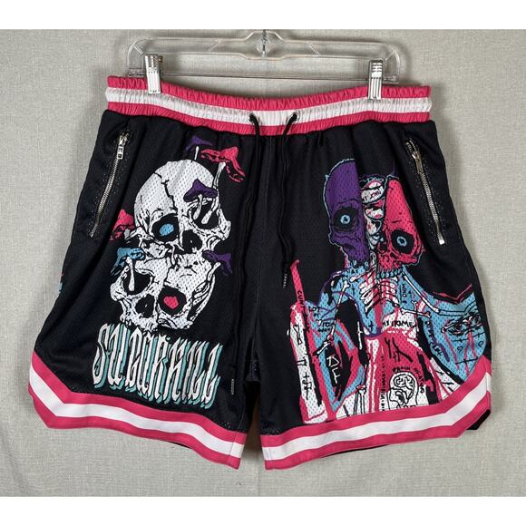 SUGARHILL Sauron Shorts Multicolor All Over Print XXL Grafiti Skull Mushrooms - Picture 5 of 14
